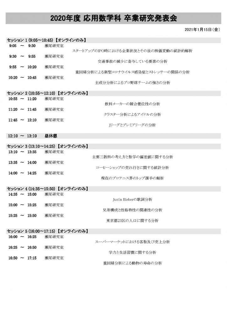 年度の卒業研究発表会の内容が決まりました 21 1 9追記あり 東京理科大学 応用数学科